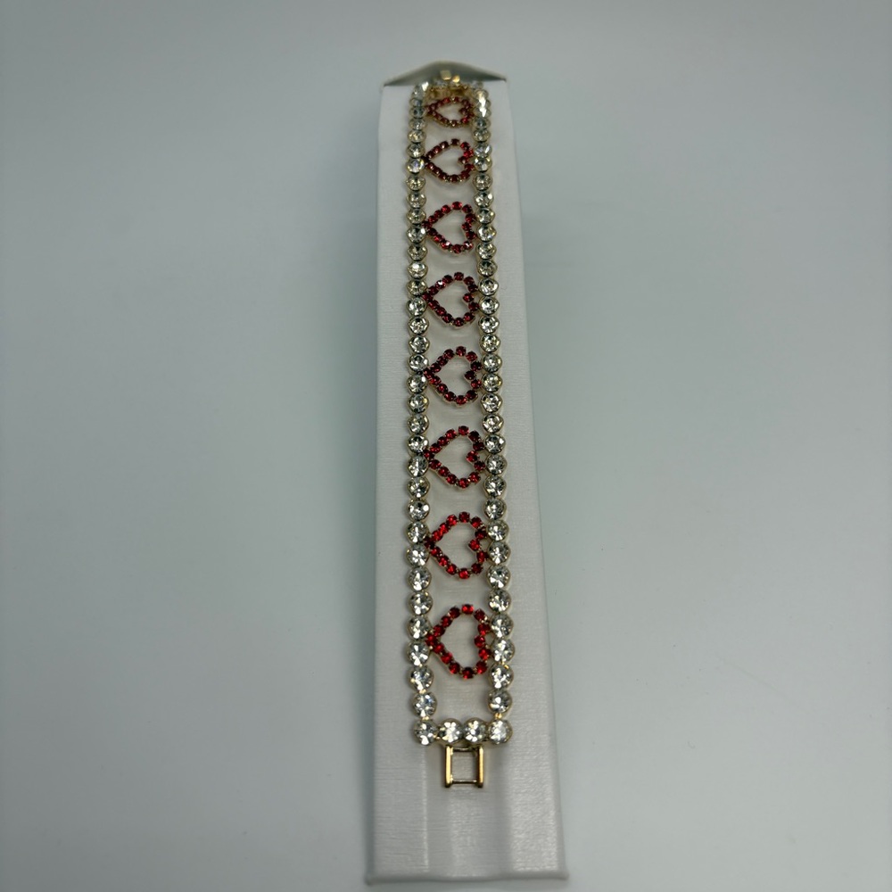 Red And Clear Crystal Heart Love Bracelet Gold Tone